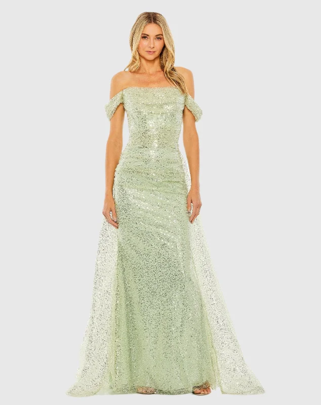 Ruched Gown Off the Shoulder Sequin Panel Train Gown