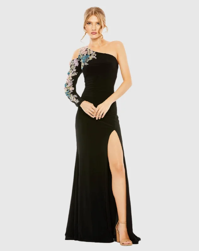 Pleated Gown One Shoulder Long Sleeve Floral Embellished Gown