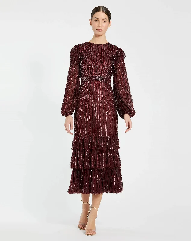 Pleated Gown Long Sleeve Ruffle Detail Sequin Dress