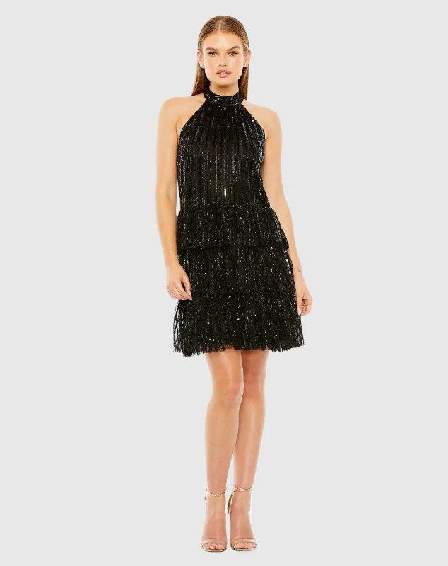 Sophisticated Gown High Neck A-Line Ruffle Sequin Mini Dress