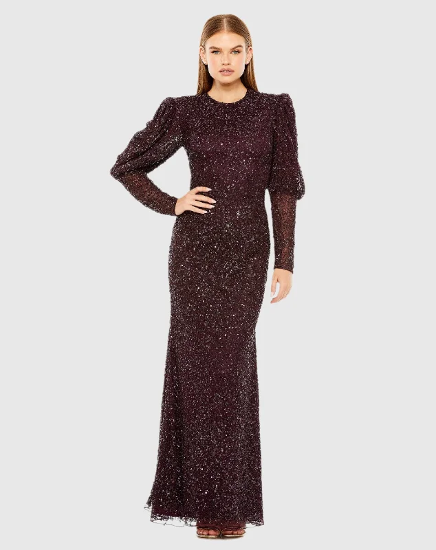 Silk Ball Gown Puff Sleeve Beaded Gown