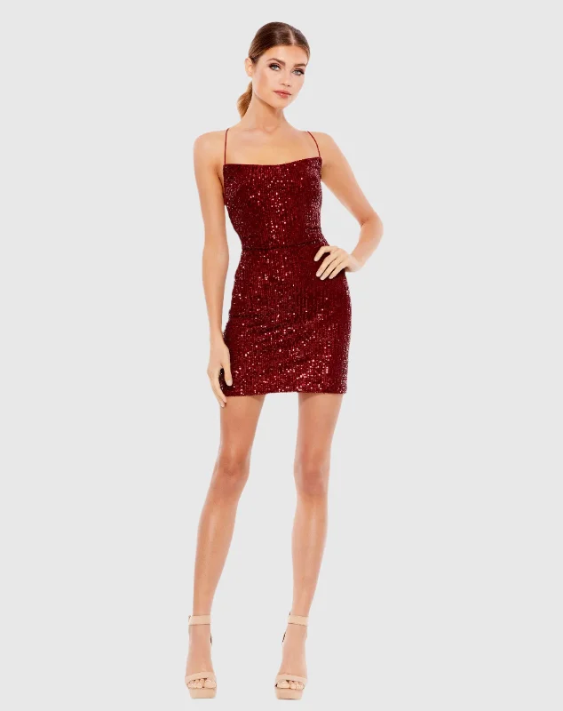 Designer Gown Open Back Lace Up Sequin Mini Dress
