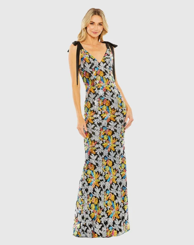 Vintage Gown Embellished Bow Strap V Neck Column Gown