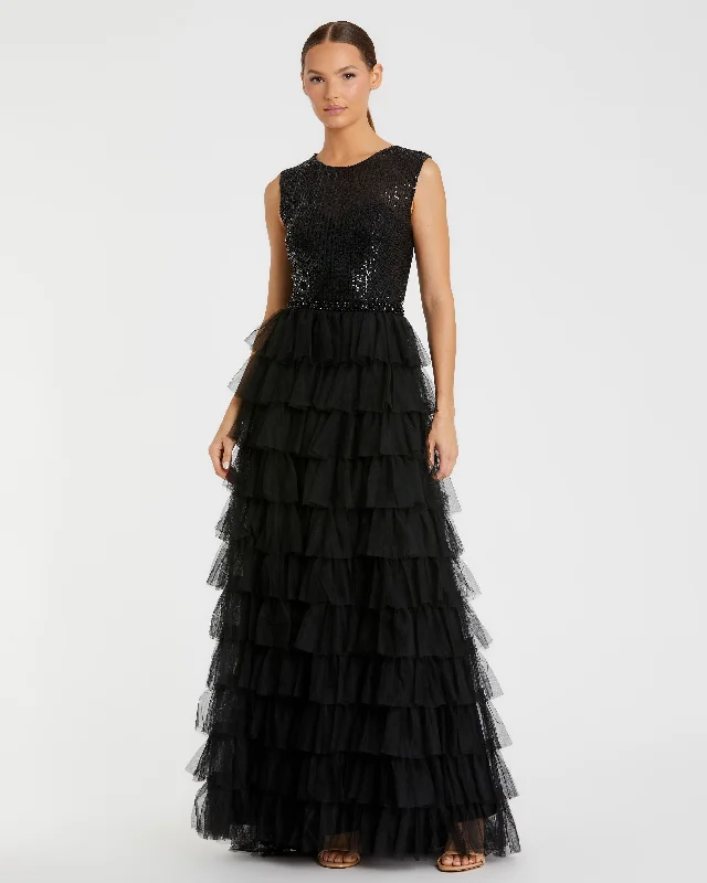 Halter Gown Ruffle Tiered Sequin High Neck Gown