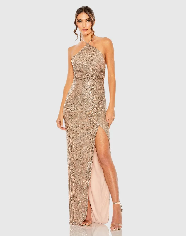 Drape Sleeve Dress One Shoulder Ruched Side Front Slit Sequin Gown