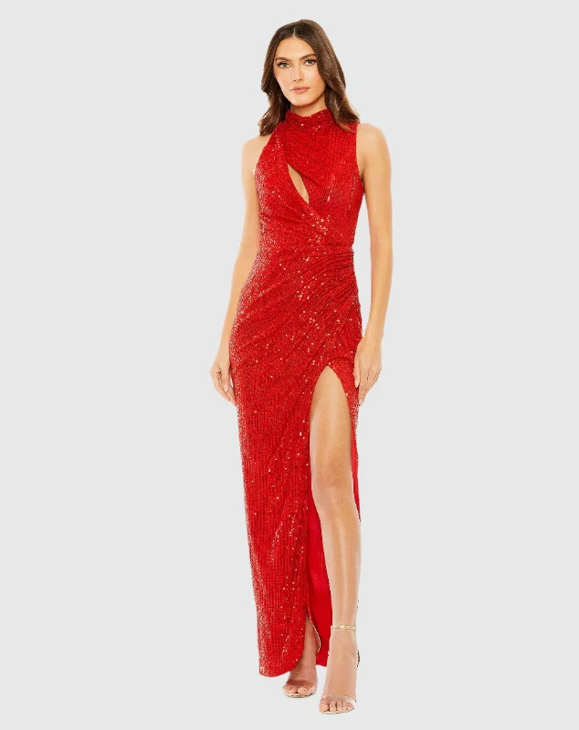 Dainty Chiffon Dress Sleeveless High Neck Gathered Waist Sequin Gown