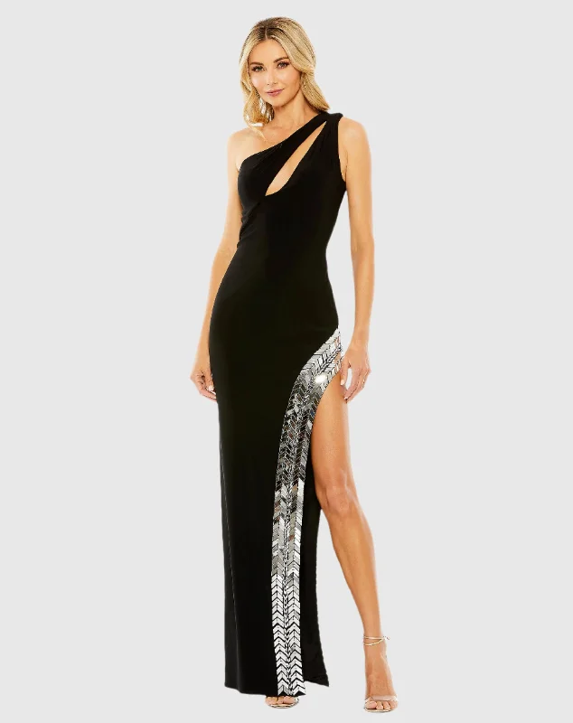 Full Skirt Dress One Shoulder Cut Out Mirror Sequin High Slit Gown