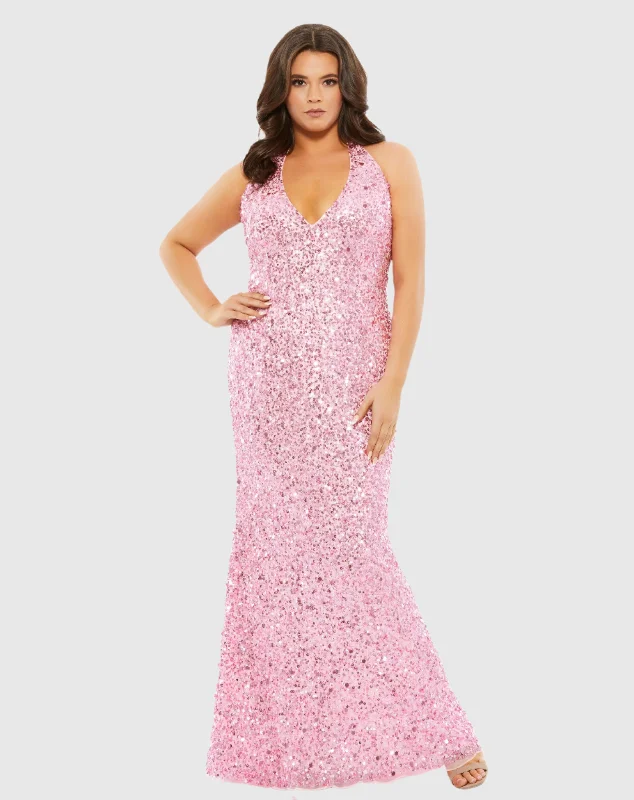 Applique Gown Sequined Halter Strap Open Back Trumpet Gown (Plus)