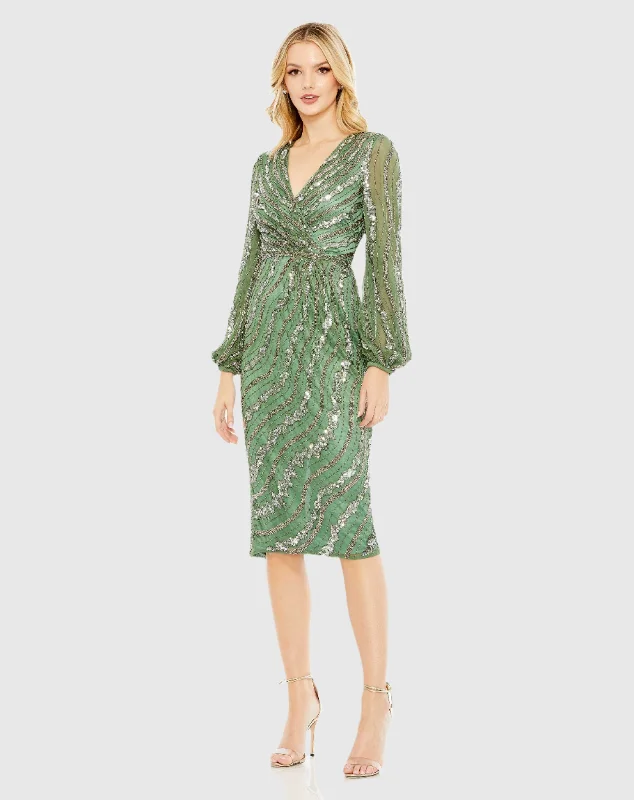 Side Slit Gown Embellished Long Sleeve Midi Dress
