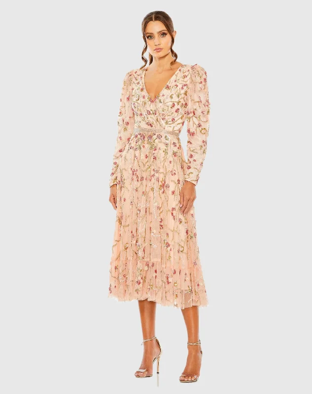 Simple Chiffon Dress Floral Embellished Wrap Over Puff Sleeve A Line Gown