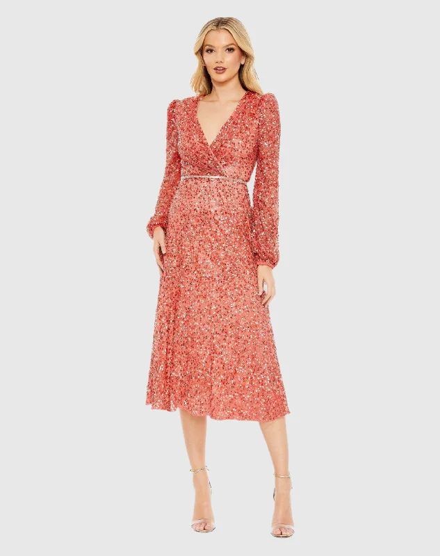 Luxe Embroidered Gown Sequined Puff Sleeve Wrap Over A Line Dress