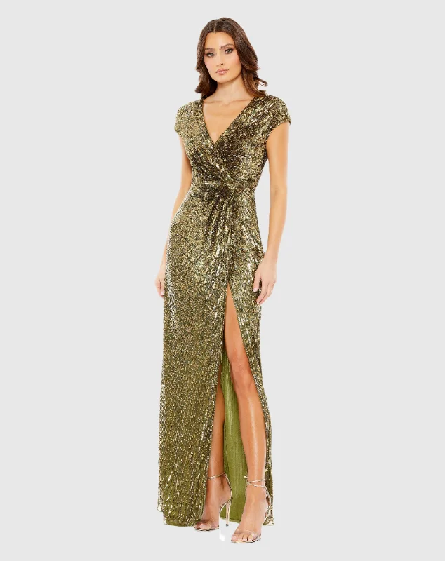 Romantic Floral Dress Sequined Faux Wrap Cap Sleeve Gown
