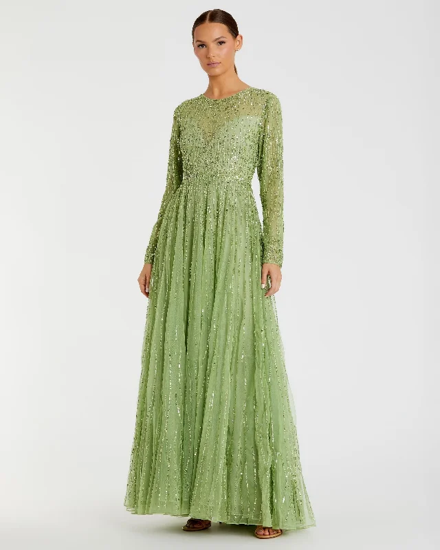 Modest Formal Dress Sequined Illusion High Neck Long Sleeve Gown