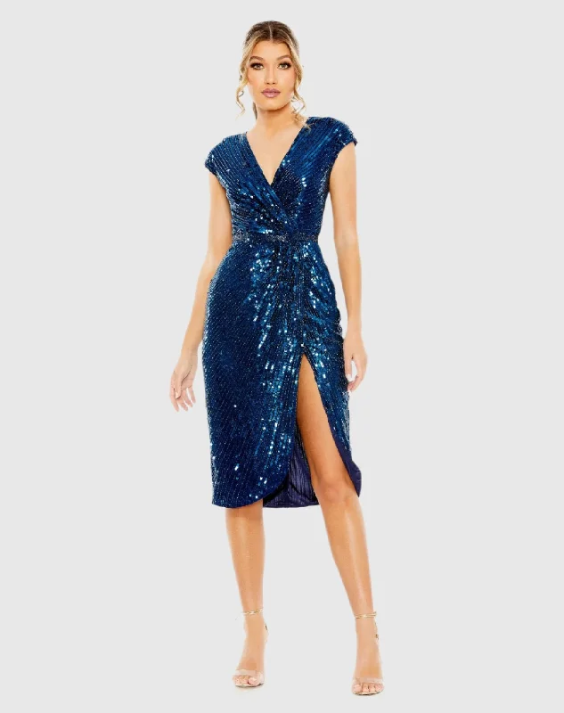 Cinderella Style Dress Sequin Faux Wrap Front Slit Dress