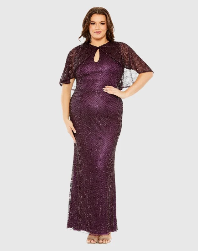 Delicate Lace Dress Sequin Cape Sleeve Gown