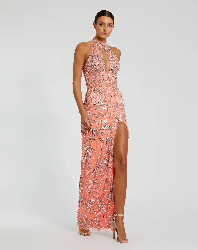 Prom Dress High Neck Embellished Mesh Gown With Slit