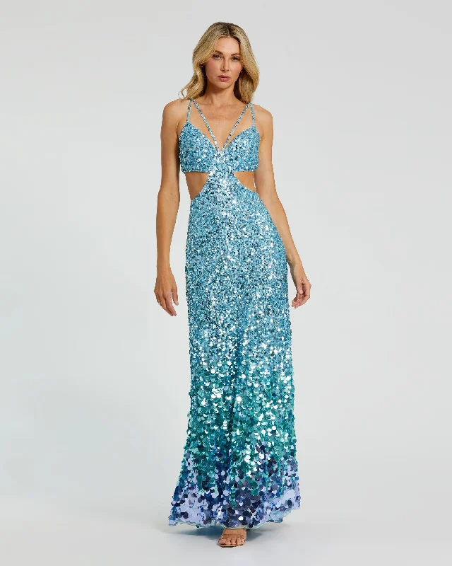 Designer Gown Thin Strap Cut Out Gown With Ombre Sequins