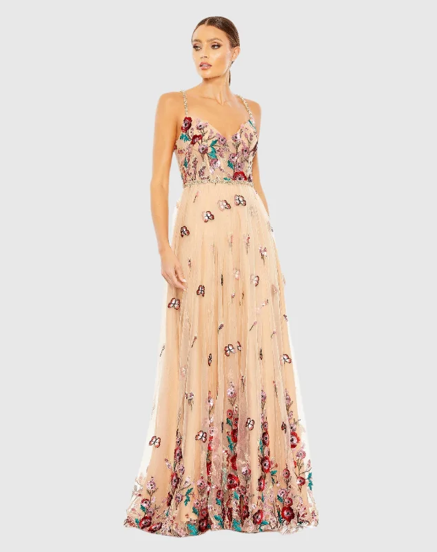 Empire Waist Dress Embellished Floral Detail A Line Gown