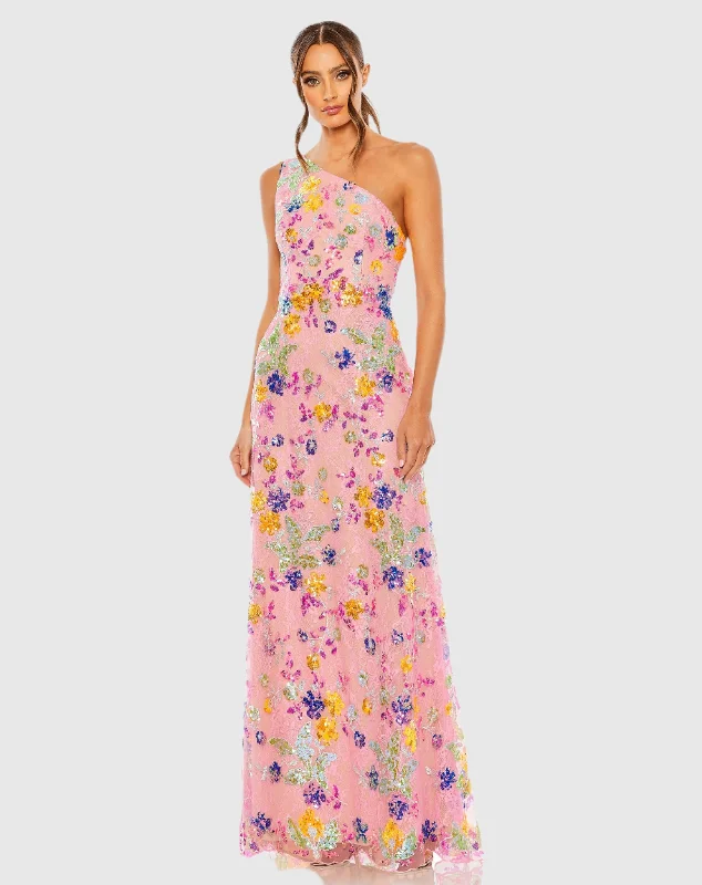 Timeless Gown One Shoulder Floral Sequin Lace Up Gown