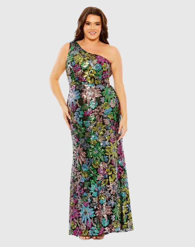 Luxe Satin Dress One Shoulder Floral Sequin Gown