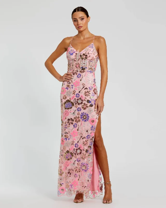 Organza Dress Spaghetti Strap Bustier Applique Gown with Slit