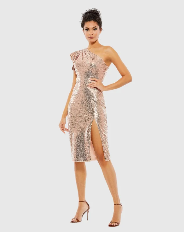 Backless Dress Sequined Flutter One Shoulder Fitted Midi Dress