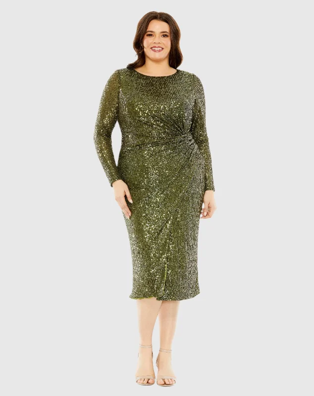 Stunning Party Dress Long Sleeve Sequin Gathered Waist Dress