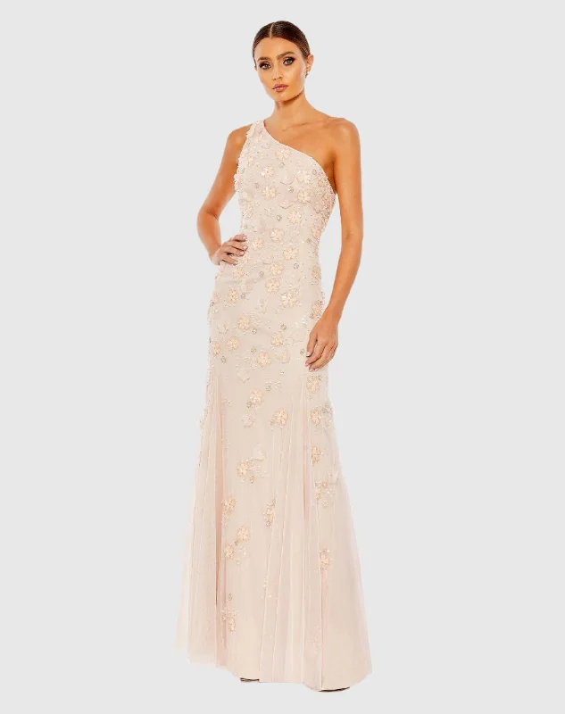 Elegant Tulle Gown Embellished One Shoulder Strappy Trumpet Gown