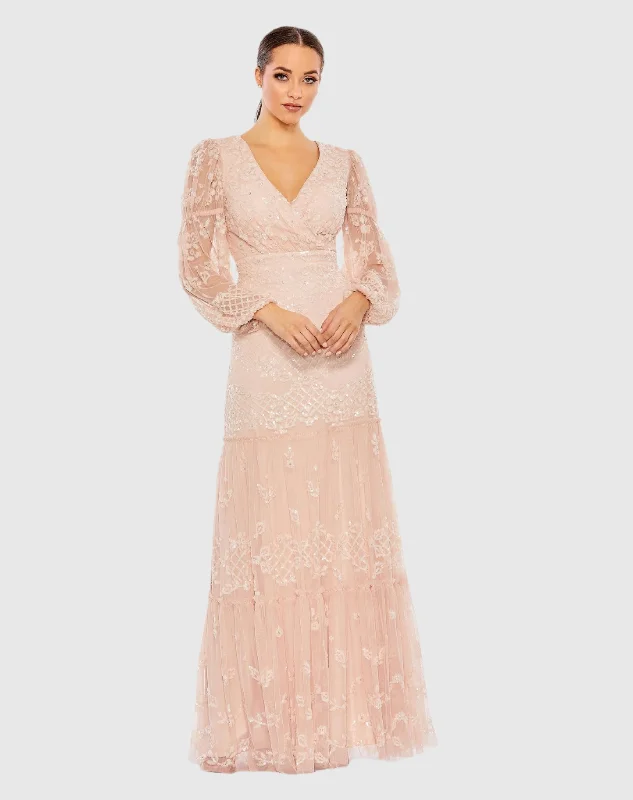 Simple Formal Dress Sequined Tiered Wrap Over Puff Sleeve Gown