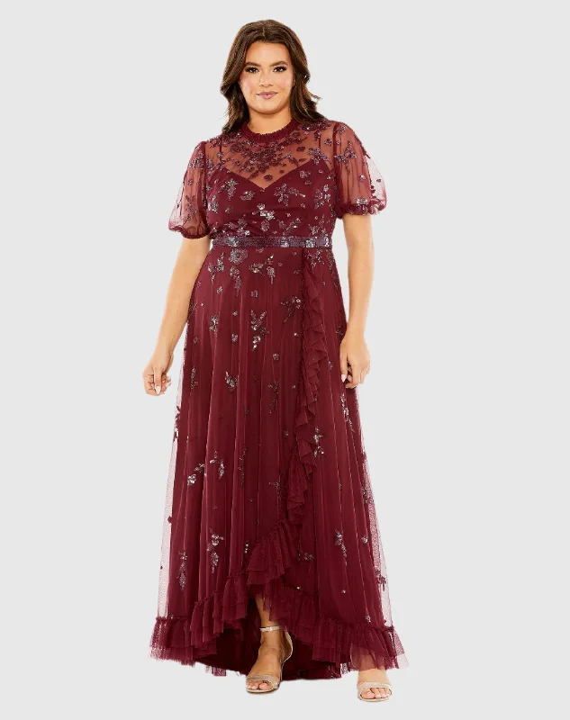 Velvet Dress High Neck Puff Short Sleeve Embellished Faux Wrap Gown