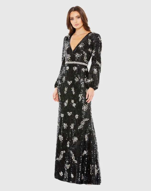 Brocade Formal Dress Embellished Wrap Over Bishop Sleeve Gown