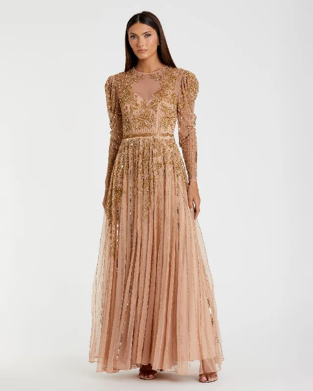 Burgundy Maxi Dress Beaded Illusion Puff Sleeve Gown
