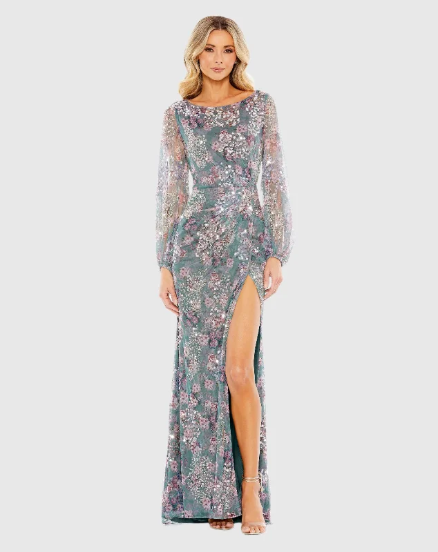Structured Evening Gown Embellished Illusion Long Sleeve Faux Wrap Gown