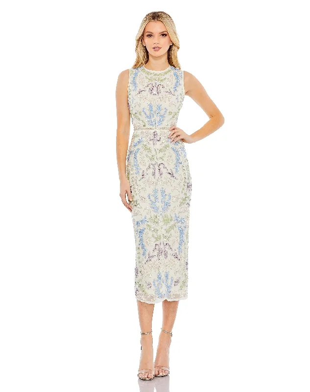 One-Shoulder Gown Sleeveless Sequined High Neck Tea Length Dress