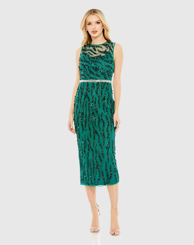 Whimsical Evening Gown Embellished Sleeveless Illusion High Neck Dress