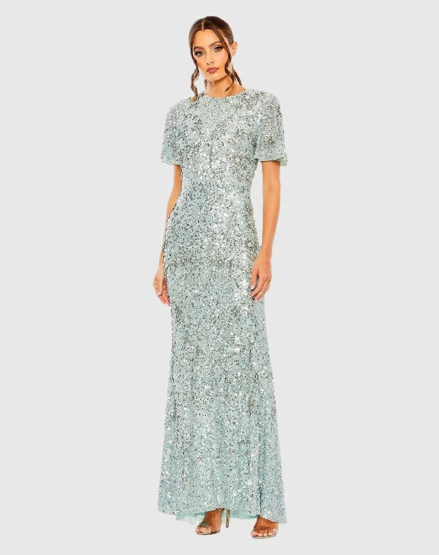 Modest Gown Flutter Sleeve Sequin High Neck Gown