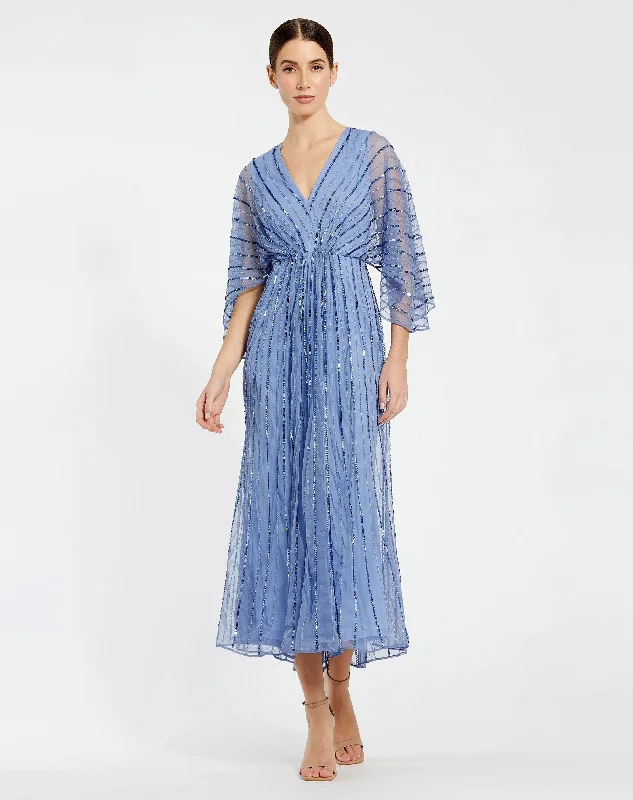 Ruched Satin Dress Beaded Striping Kimono Sleeve V Neck Dress