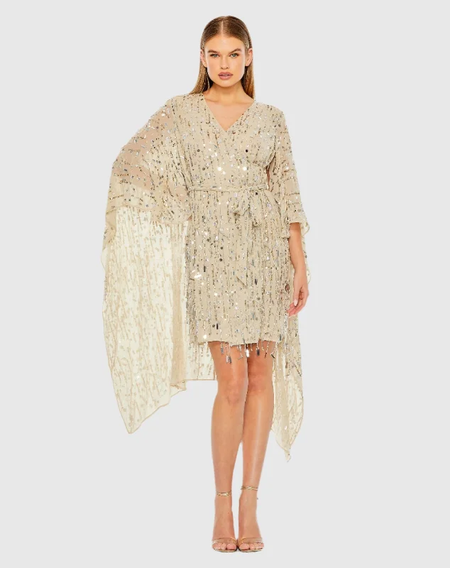 Sweetheart Neckline Dress Cape Back Fringe Beaded Robe Dress