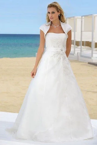 Elegant Beaded Dress A-Line Cap-Sleeve Maxi Strapless Organza Wedding Dress With Cape And Side Draping-MK_702623