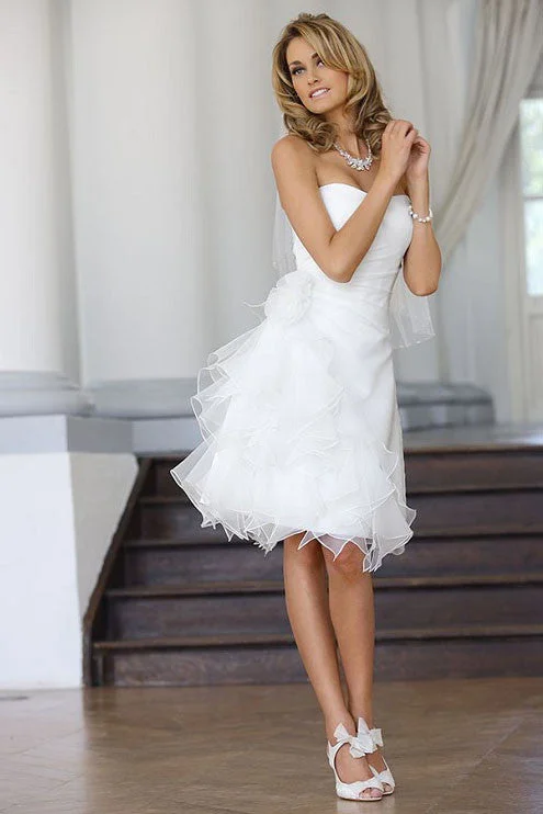 Lush Satin Gown A-Line Knee-Length Ruffled Strapless Tulle Wedding Dress With Flower And Draping-MK_702725 Lush Satin Gown A-Line Knee-Length Ruffled Strapless Tulle Wedding Dress With Flower And Draping-MK_702725