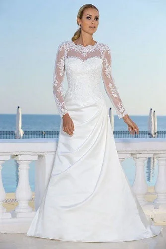 Floral Embroidery Dress A-Line Long-Sleeve Scoop-Neck Maxi Draped Satin Wedding Dress With Appliques And Illusion-MK_702636