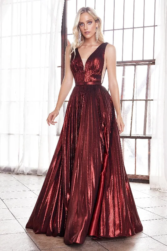 Dramatic Ball Gown Cinderella Divine CD160 Long Formal Metallic Pleated Prom Dress