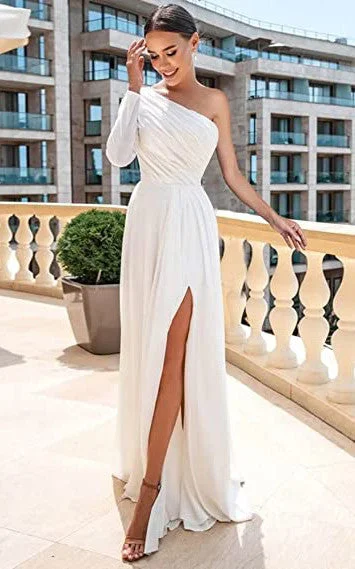 Velvet Evening Dress A-Line One-shoulder Satin Wedding Dress Simple Elegant Adorable Beach Summer With Open Back And Long Sleeves And Ruching-716778 Velvet Evening Dress A-Line One-shoulder Satin Wedding Dress Simple Elegant Adorable Beach Summer With Open Back And Long Sleeves And Ruching-716778