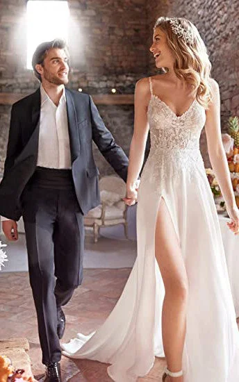 Modest Gown A-Line Spaghetti Chiffon Wedding Dress Simple Bohemian Elegant Summer Beach Garden With Open Back And Sleevesless And Split Front-716785 Modest Gown A-Line Spaghetti Chiffon Wedding Dress Simple Bohemian Elegant Summer Beach Garden With Open Back And Sleevesless And Split Front-716785