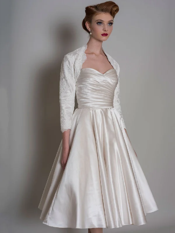Romantic Evening Gown A-Line Sweetheart Criss-Cross Midi Satin Wedding Dress With Cape-MK_705316 Romantic Evening Gown A-Line Sweetheart Criss-Cross Midi Satin Wedding Dress With Cape-MK_705316