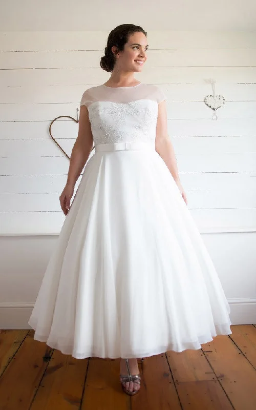 Silk Ball Gown A-Line Tea-Length Jewel Neck Cap Chiffon Pleats Dress-714717