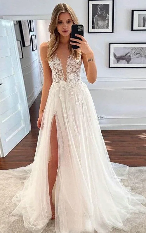 Unique Formal Dress A-Line Tulle Sleeveless Wedding Dress with Split Front Plunging Neckline Country Garden Floor-length Sweep Train 2023-716813 Unique Formal Dress A-Line Tulle Sleeveless Wedding Dress with Split Front Plunging Neckline Country Garden Floor-length Sweep Train 2023-716813