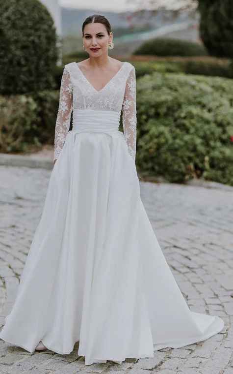 Luxe Satin Dress A-Line V-neck Simple Chiffon Beach Wedding Dress With Illusion Back And Chapel Train-716715 Luxe Satin Dress A-Line V-neck Simple Chiffon Beach Wedding Dress With Illusion Back And Chapel Train-716715