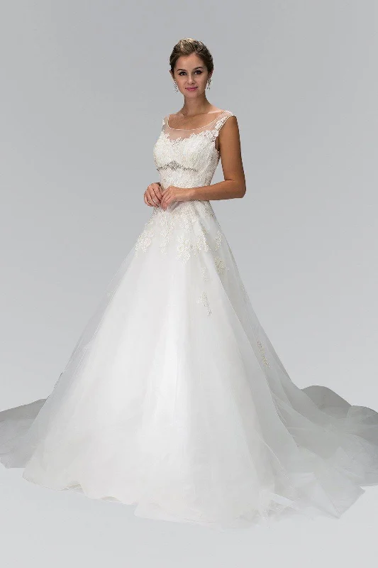 Satin Slip Dress A-Line Wedding Long Dress with Sheer Yoke Neckline