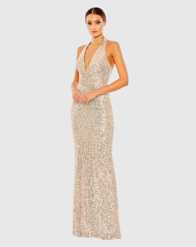 Elegant Wedding Gown Sequined Halter Strap Plunge Neck Gown